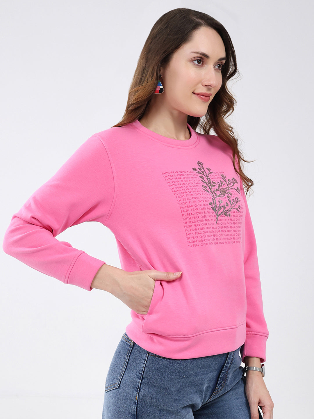 Women Pink Printed Round Neck Full Sleeve Sweatshirt