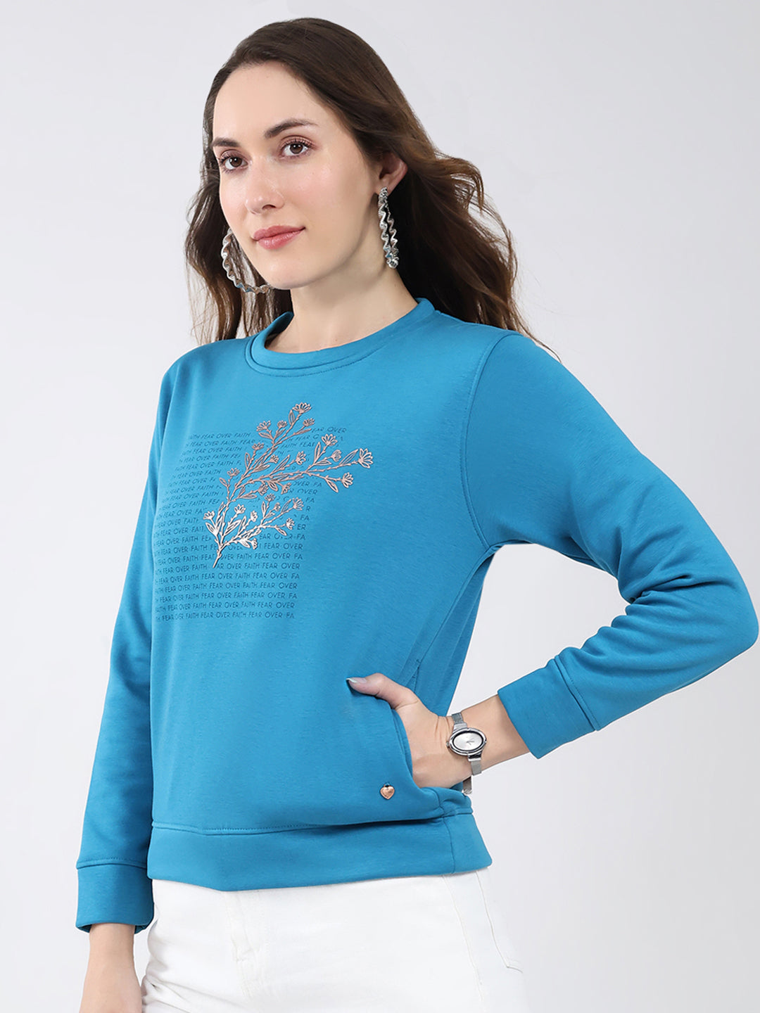 Women Blue Printed Round Neck Full Sleeve Sweatshirt