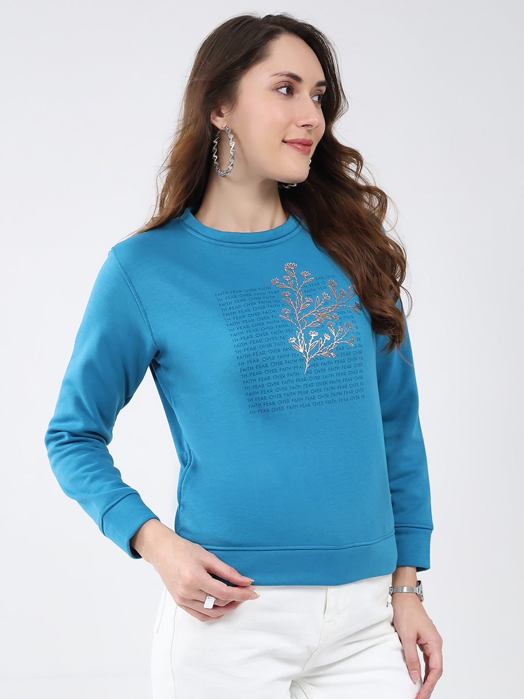 Women Blue Printed Round Neck Full Sleeve Sweatshirt