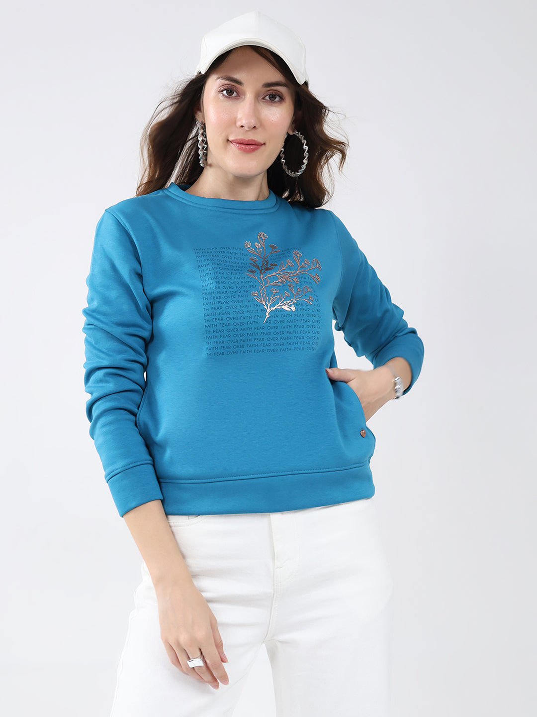 Women Blue Printed Round Neck Full Sleeve Sweatshirt