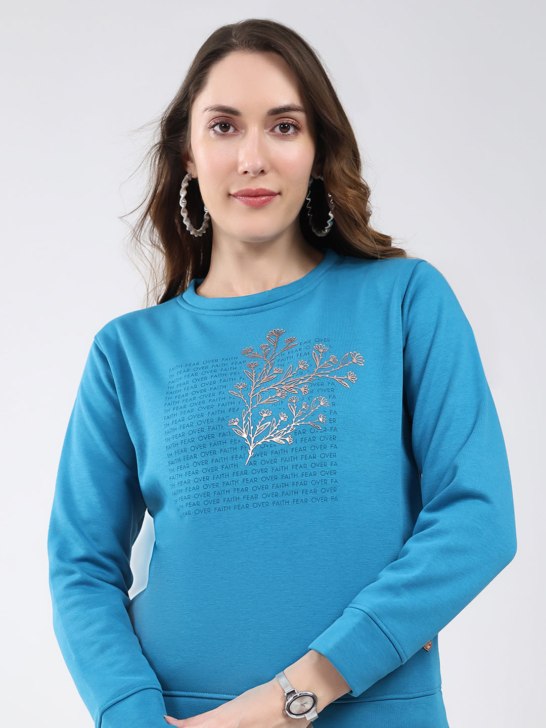 Women Blue Printed Round Neck Full Sleeve Sweatshirt