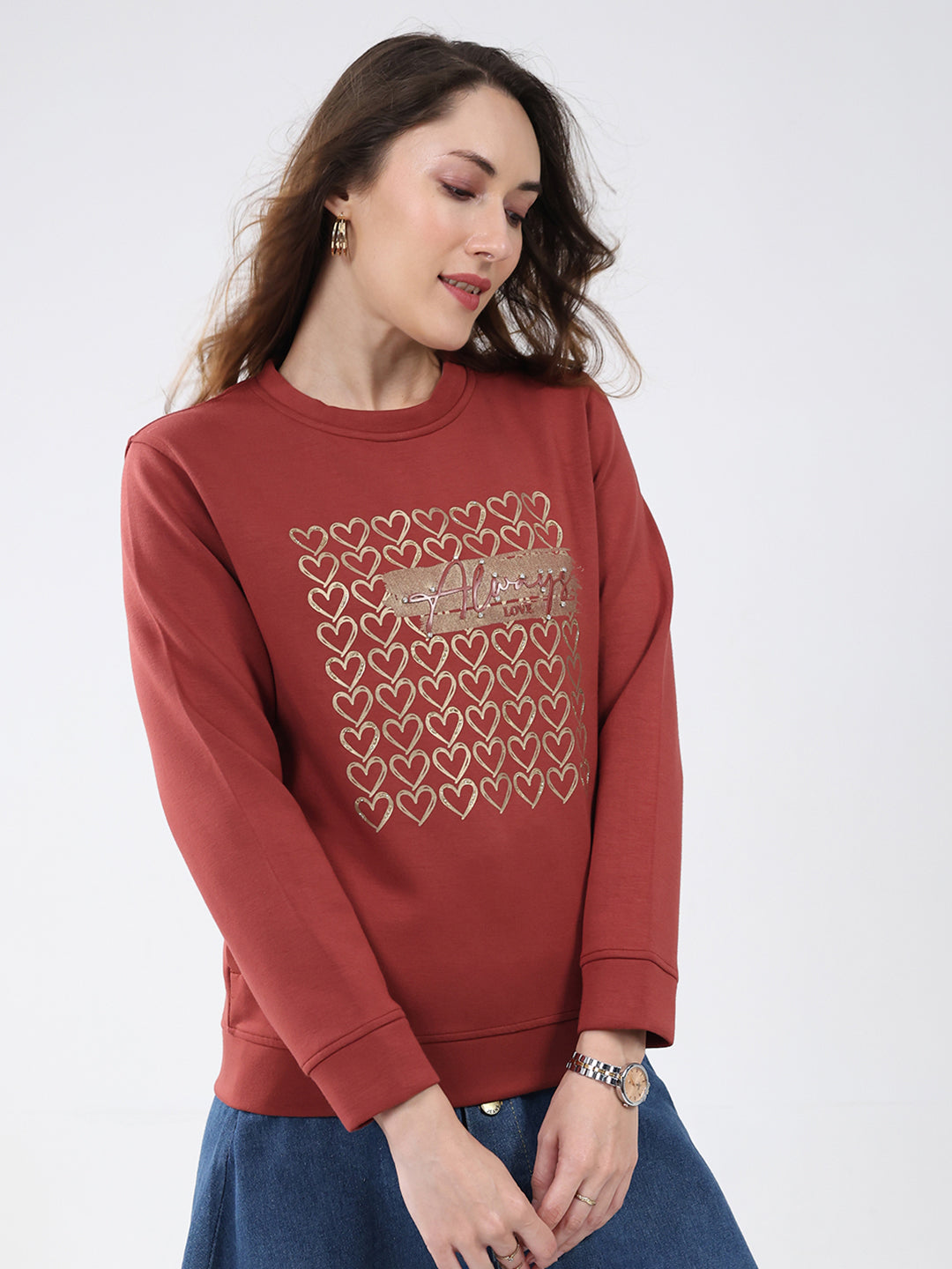 Women Rust Printed Round Neck Full Sleeve Sweatshirt