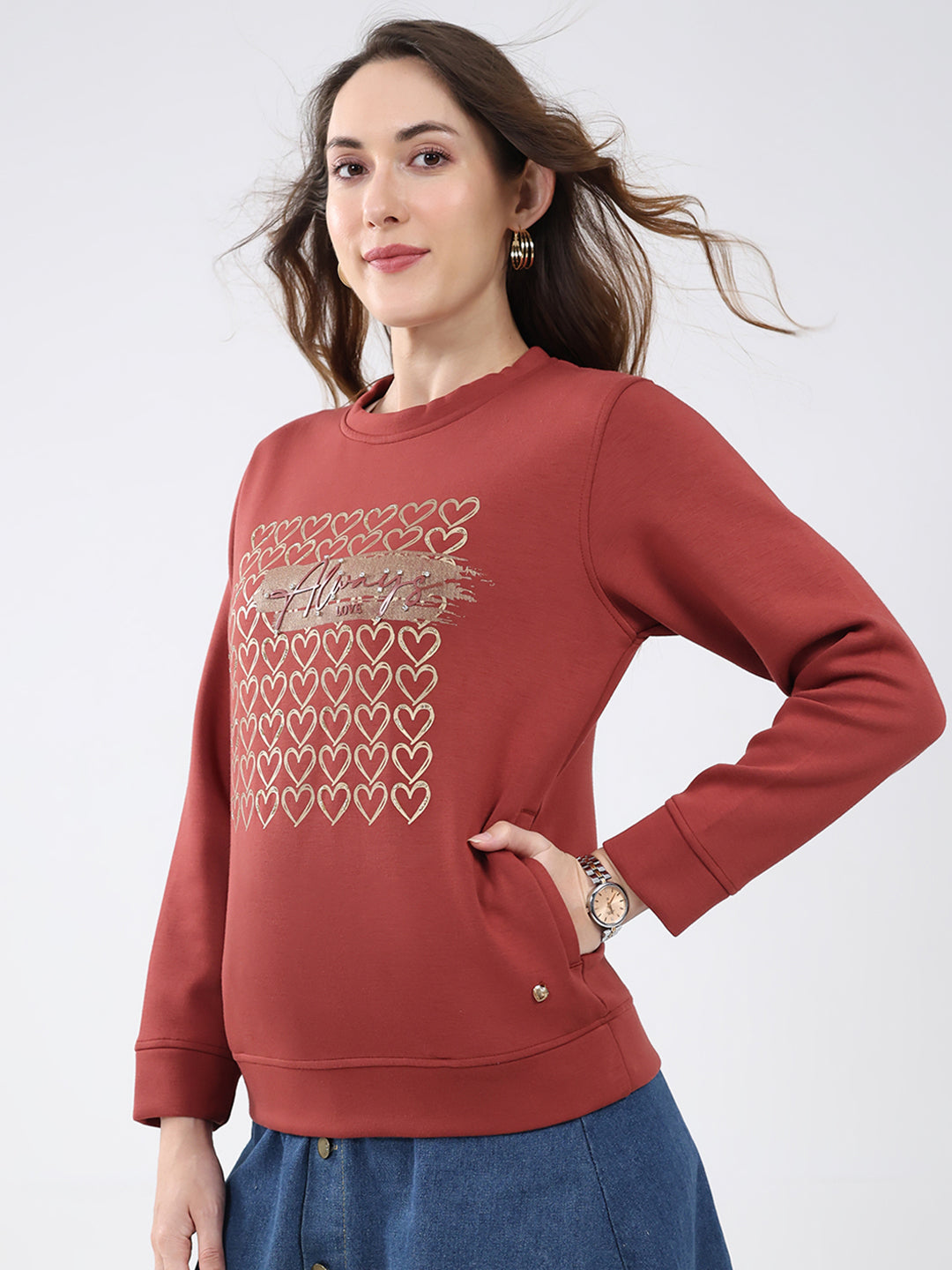 Women Rust Printed Round Neck Full Sleeve Sweatshirt