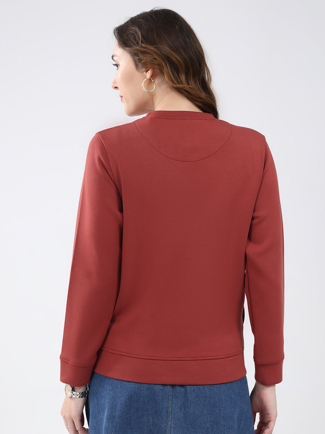 Women Rust Printed Round Neck Full Sleeve Sweatshirt