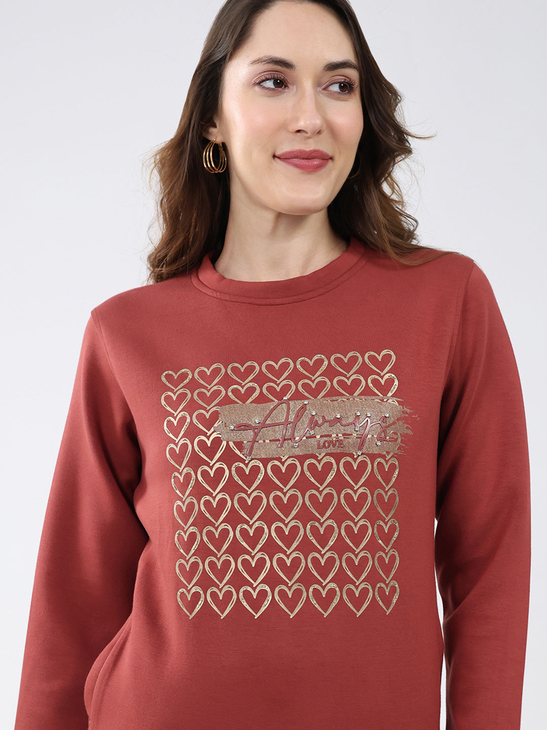 Women Rust Printed Round Neck Full Sleeve Sweatshirt