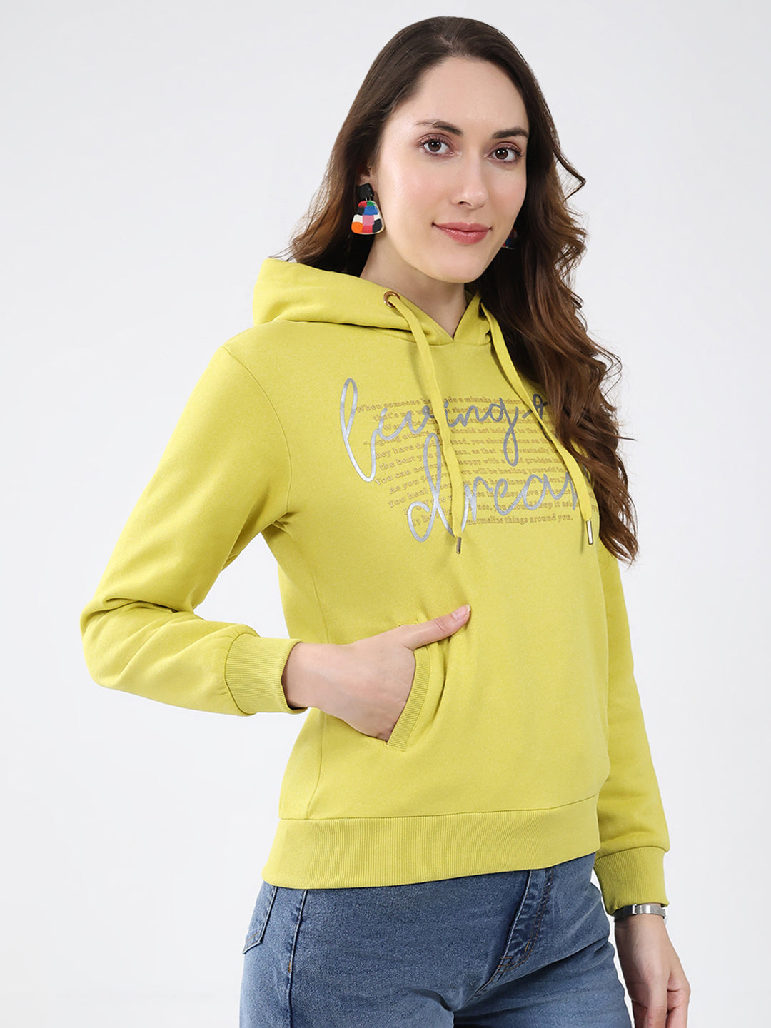 Women Mustard Printed Hooded Full Sleeve Sweatshirt