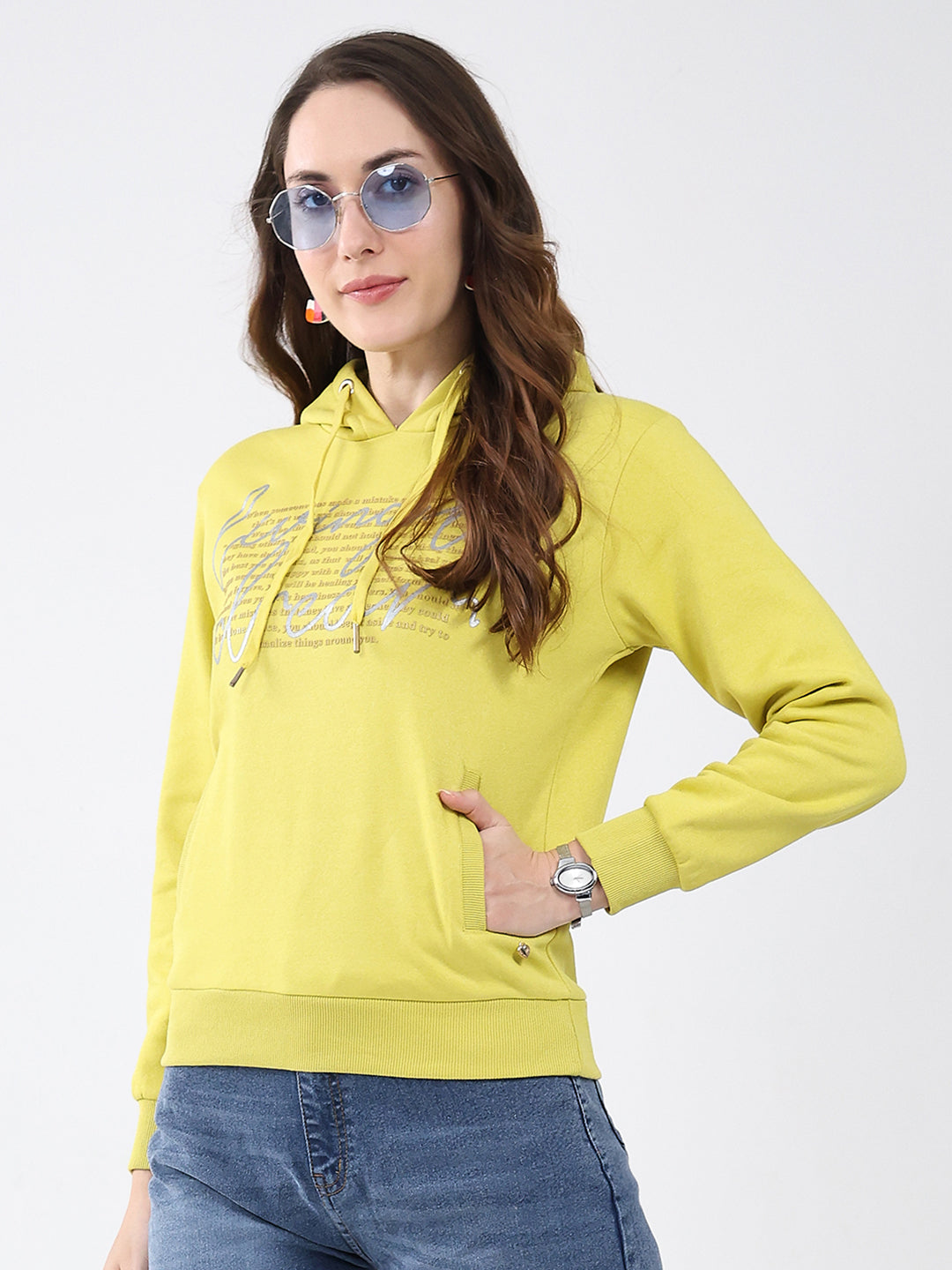 Women Mustard Printed Hooded Full Sleeve Sweatshirt
