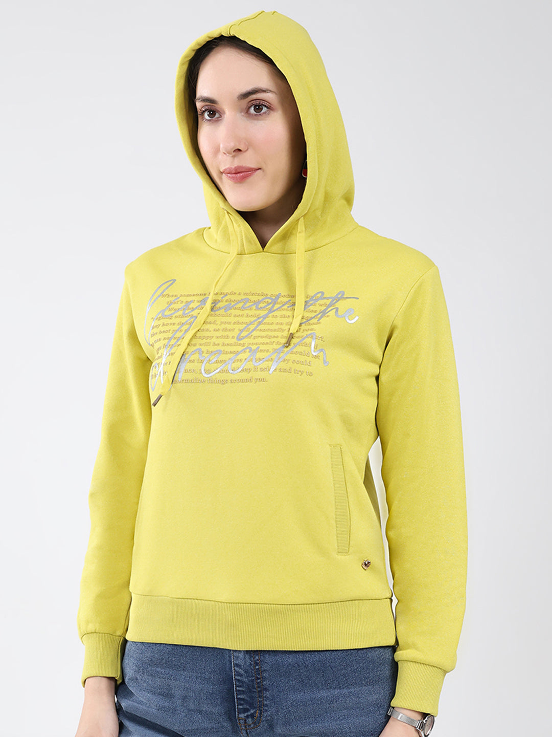 Women Mustard Printed Hooded Full Sleeve Sweatshirt