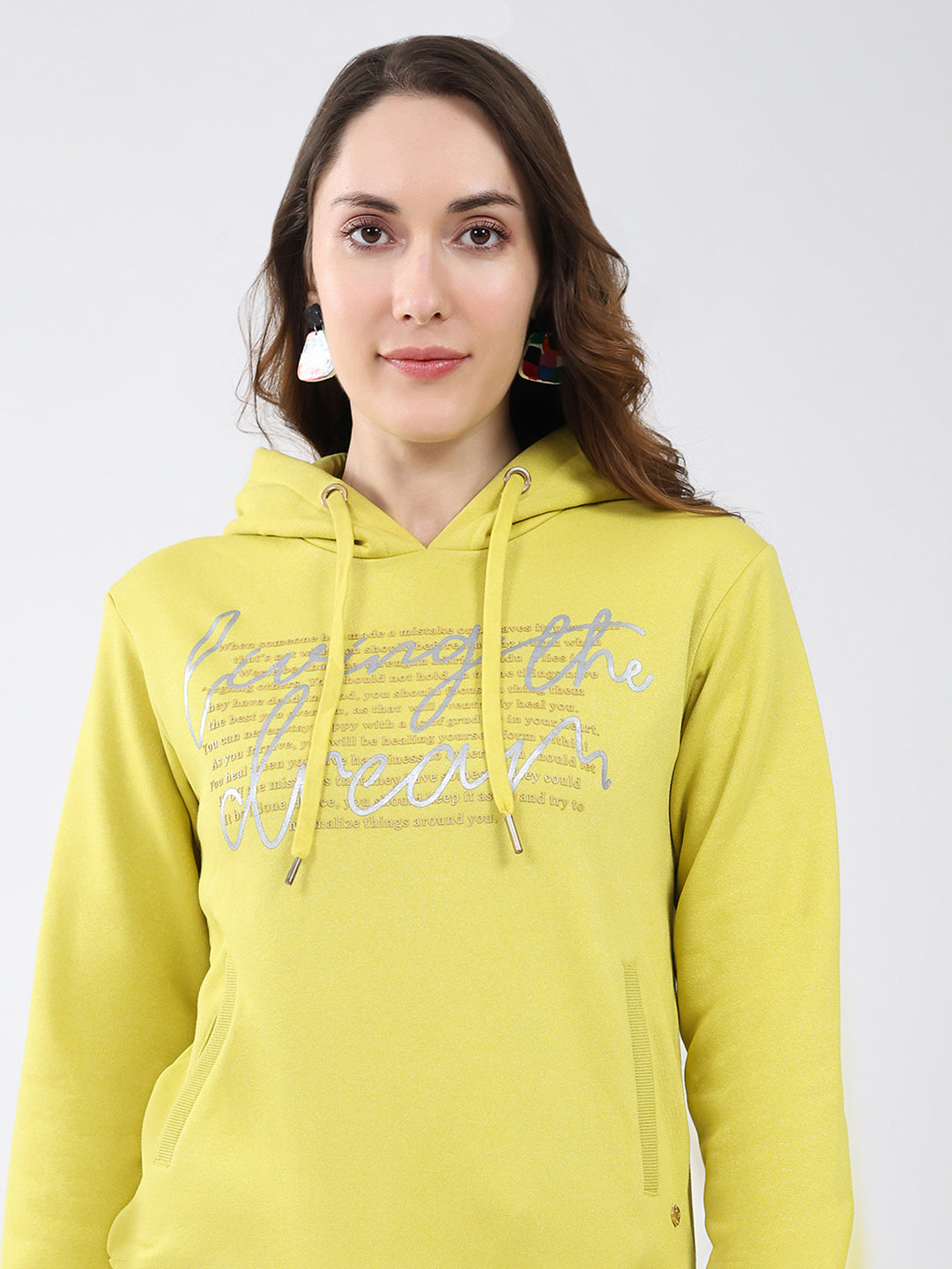 Women Mustard Printed Hooded Full Sleeve Sweatshirt