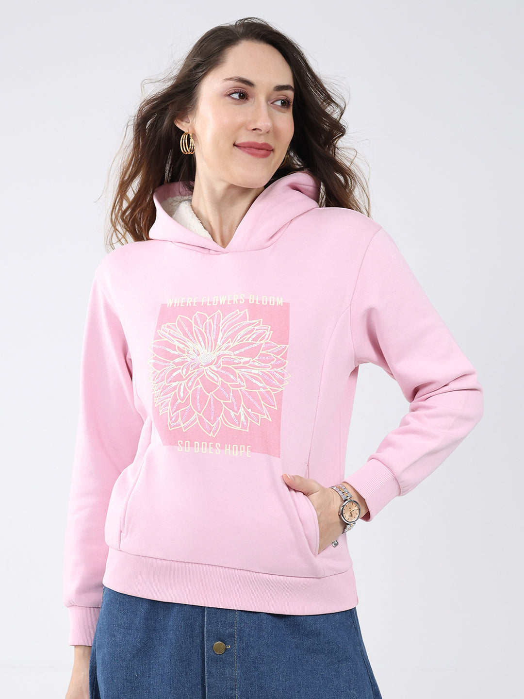 Women Pink Printed Hooded Full Sleeve Sweatshirt