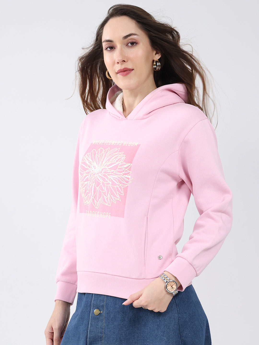 Women Pink Printed Hooded Full Sleeve Sweatshirt