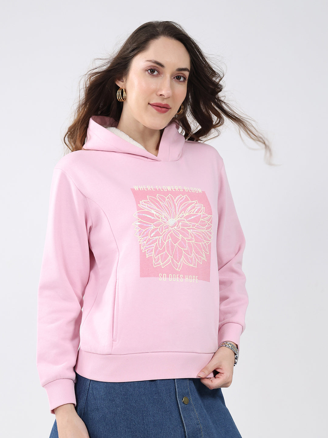 Women Pink Printed Hooded Full Sleeve Sweatshirt