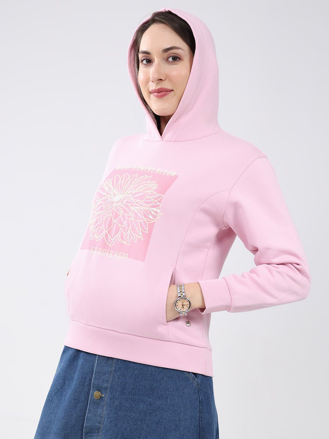 Women Pink Printed Hooded Full Sleeve Sweatshirt