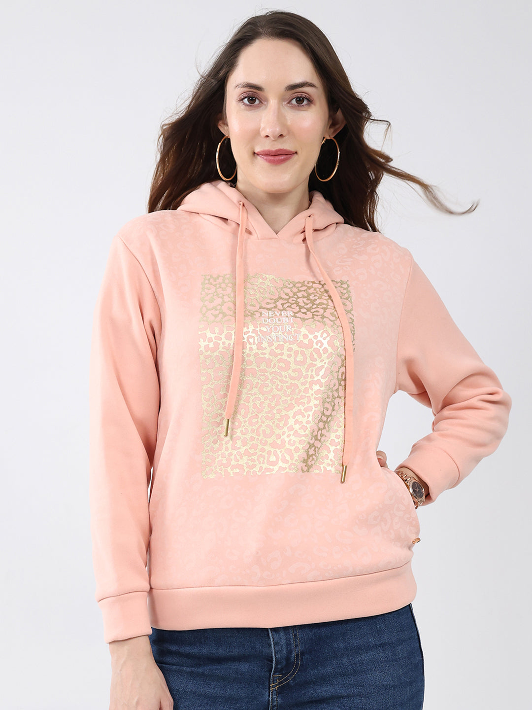 Women Peach Printed Hooded Full Sleeve Sweatshirt