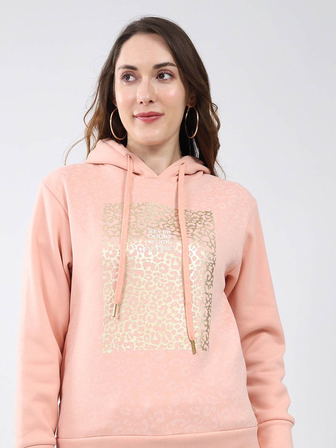 Women Peach Printed Hooded Full Sleeve Sweatshirt