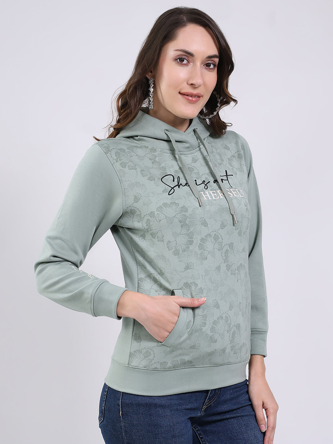 Women Mint Green Printed Hooded Full Sleeve Sweatshirt
