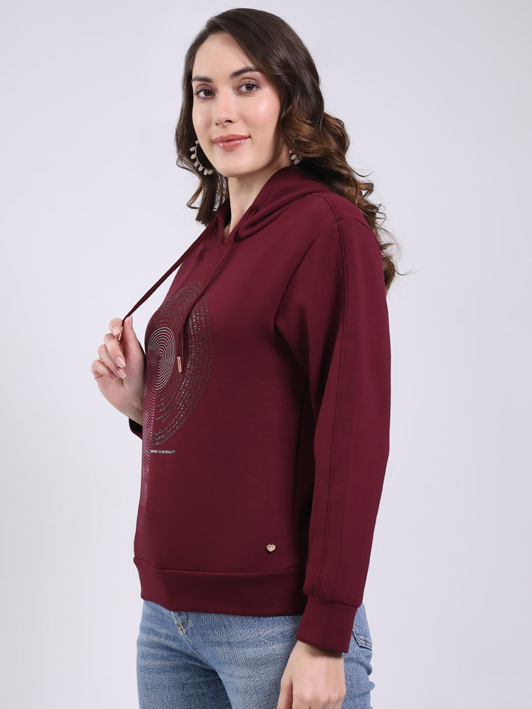Women Maroon Printed Hooded Full Sleeve Sweatshirt