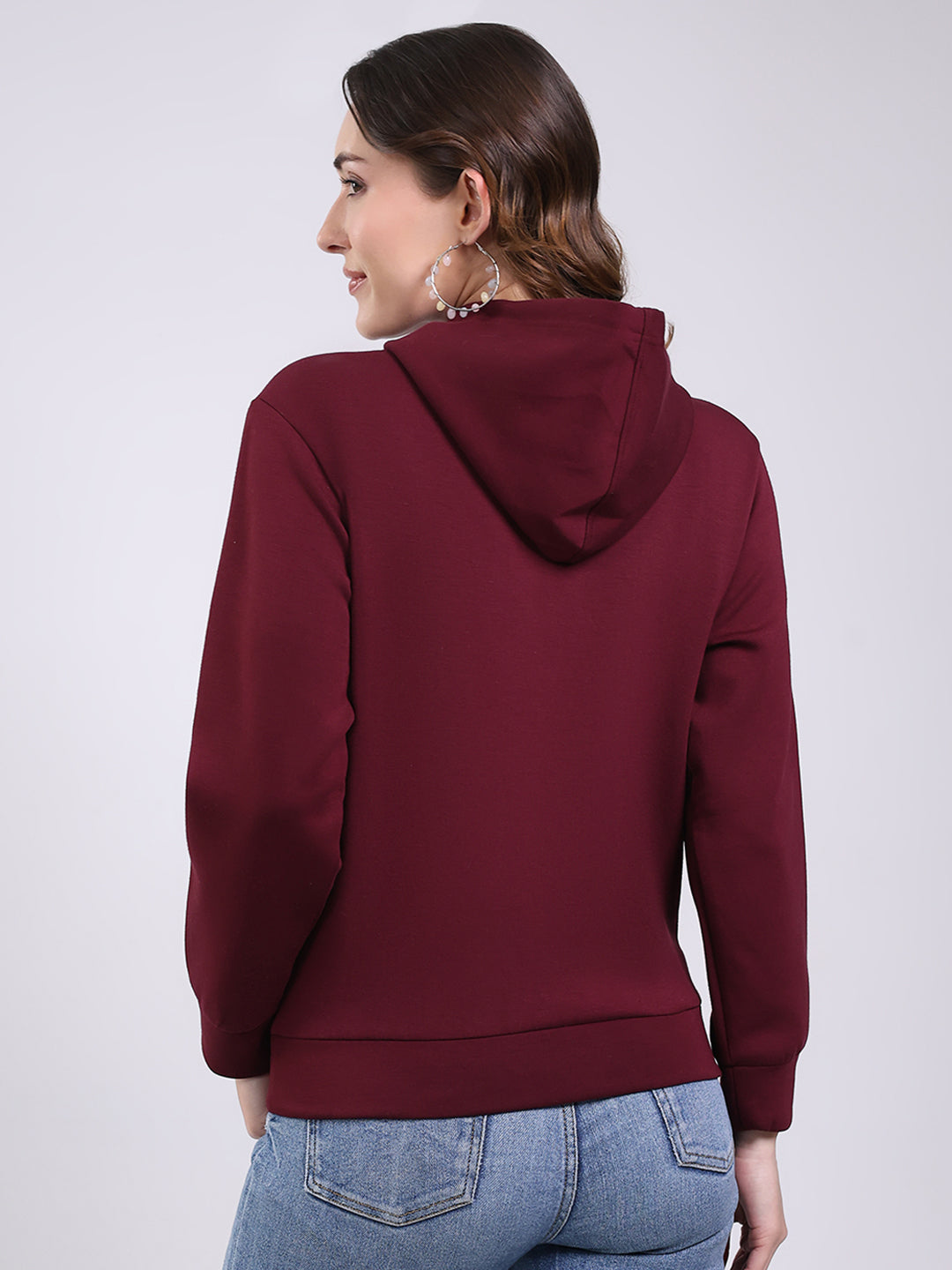 Women Maroon Printed Hooded Full Sleeve Sweatshirt