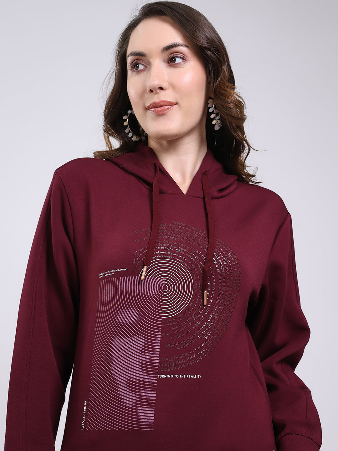 Women Maroon Printed Hooded Full Sleeve Sweatshirt