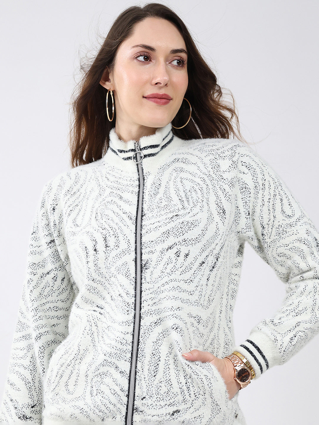 Women White Self Design Mock Neck Full Sleeve Sweatshirt