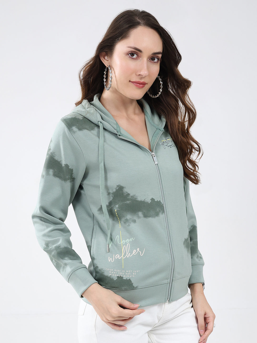 Women Green Printed Hooded Full Sleeve Sweatshirt