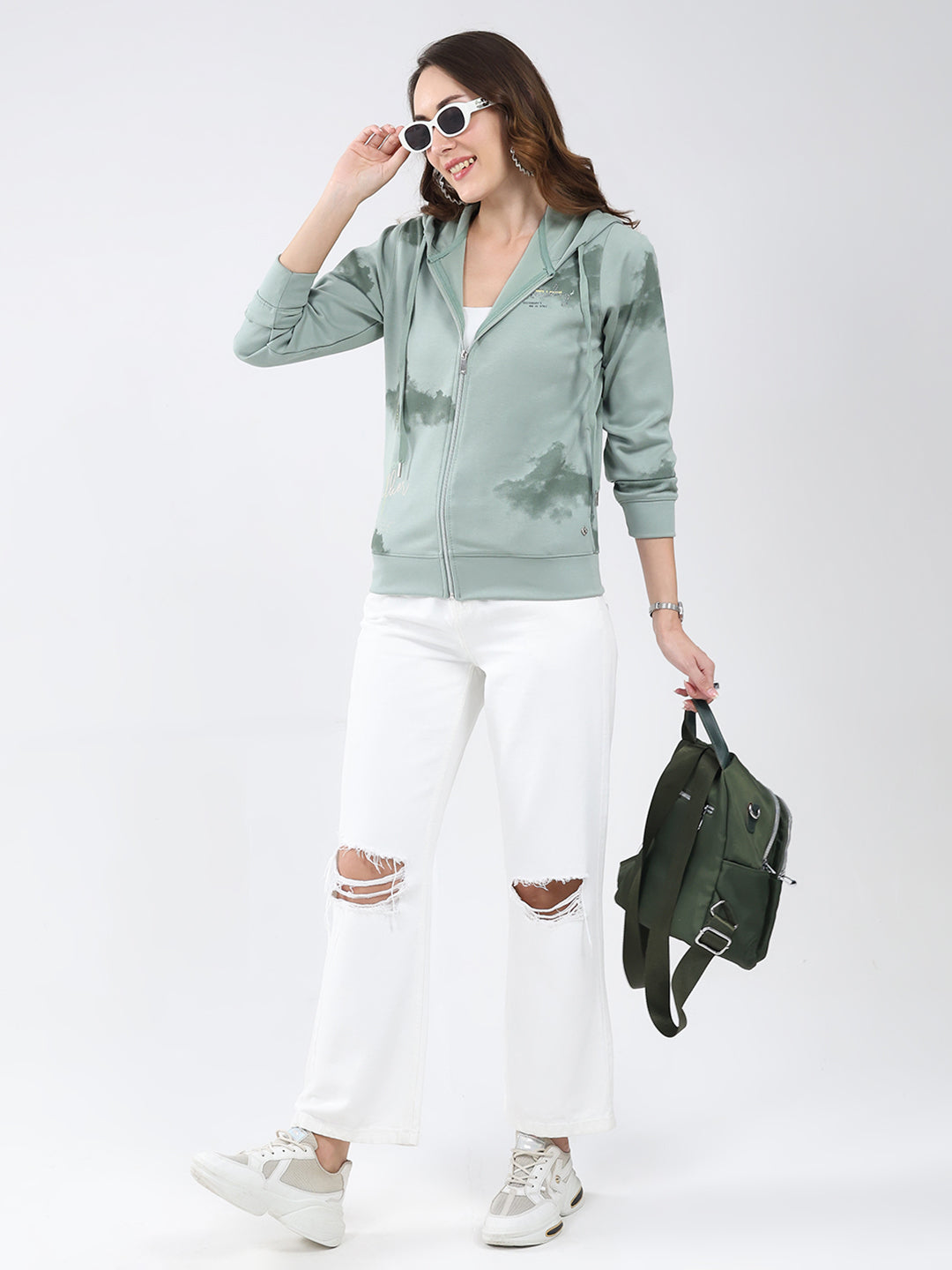 Women Green Printed Hooded Full Sleeve Sweatshirt