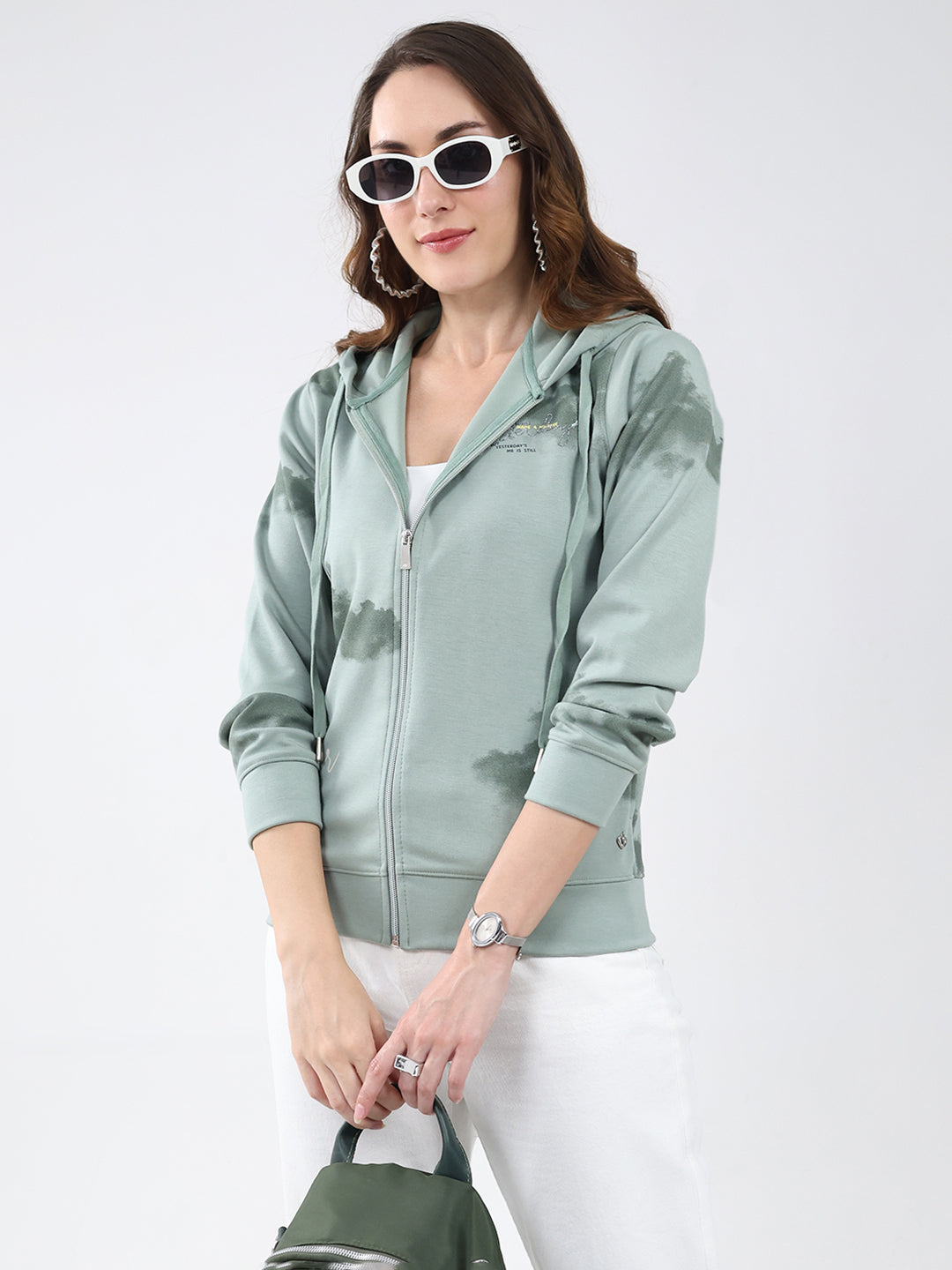 Women Green Printed Hooded Full Sleeve Sweatshirt