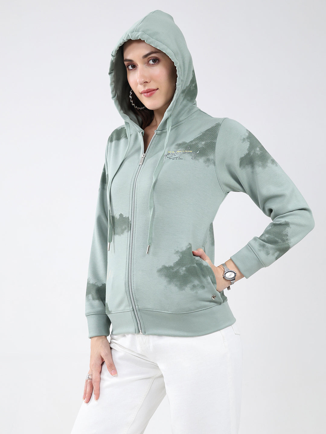Women Green Printed Hooded Full Sleeve Sweatshirt