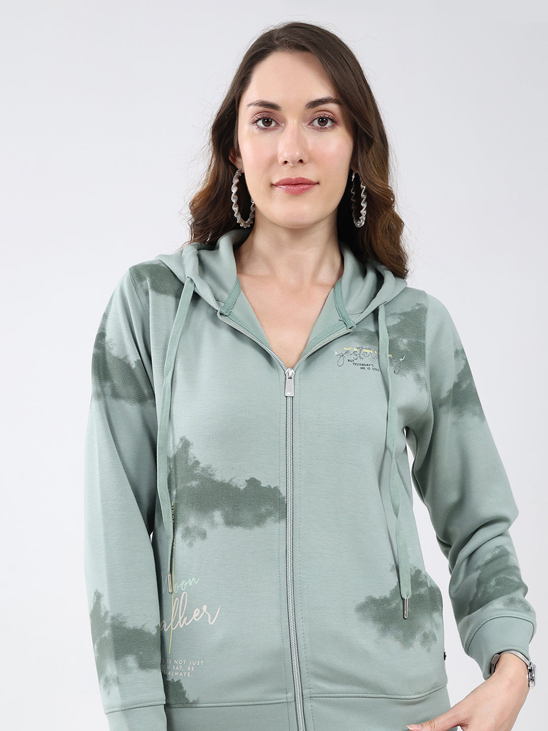 Women Green Printed Hooded Full Sleeve Sweatshirt