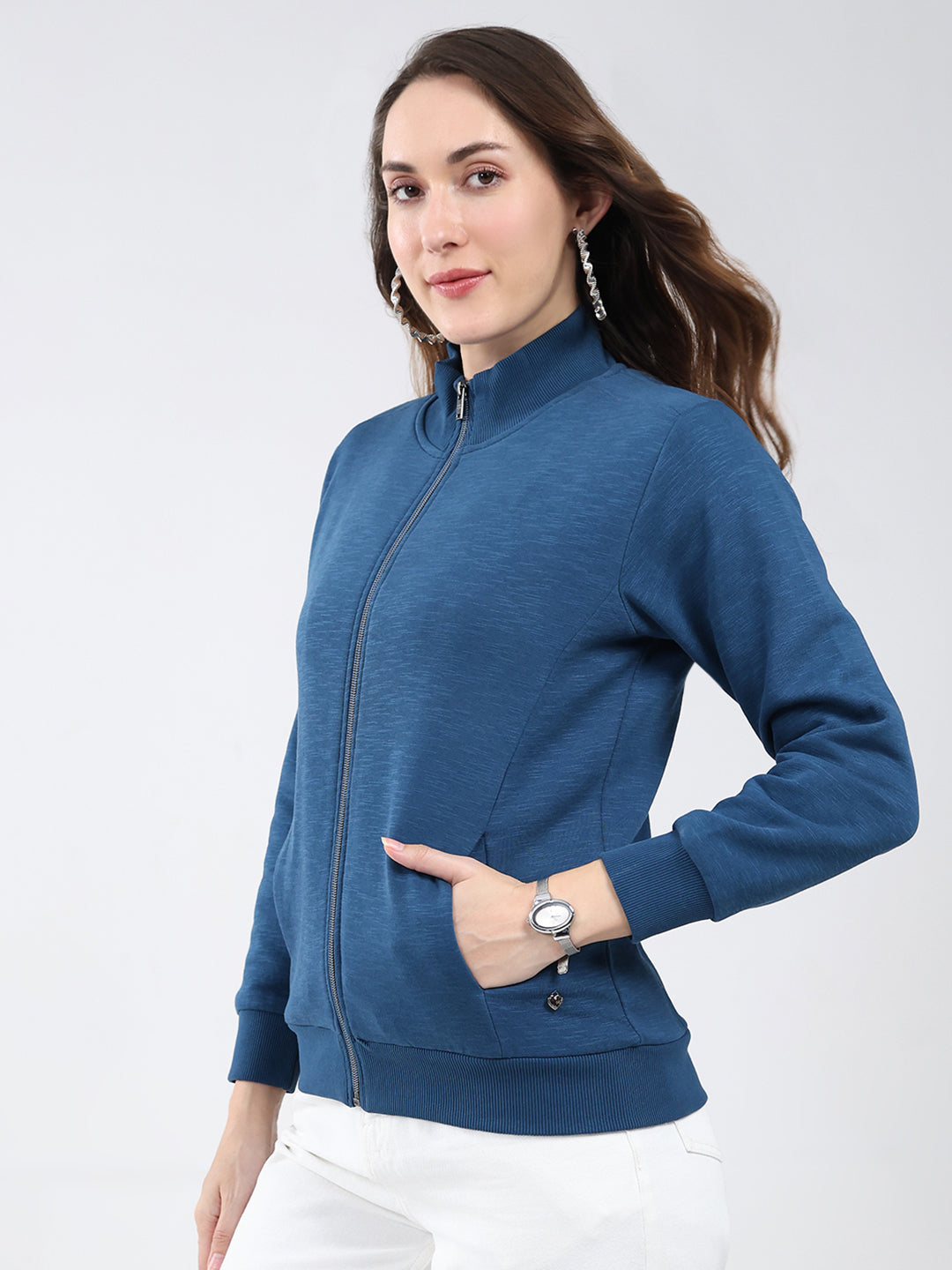Women Blue Solid Mock Neck Full Sleeve Sweatshirt
