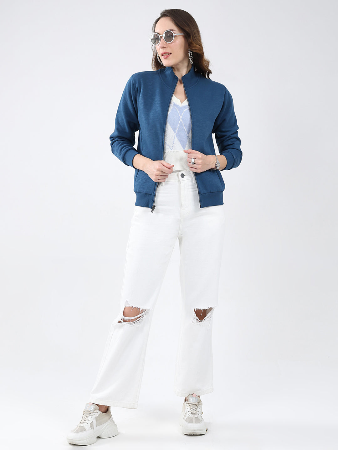 Women Blue Solid Mock Neck Full Sleeve Sweatshirt