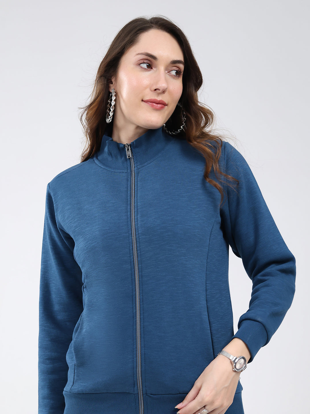 Women Blue Solid Mock Neck Full Sleeve Sweatshirt
