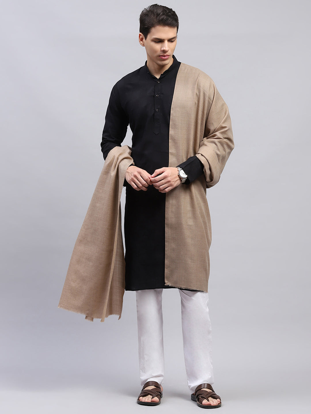 Men's Winter Shawl - Soft & Warm Lohi Stole For Cold Weather | Light Biscute Color | 35x70 Inches | Stylesindia