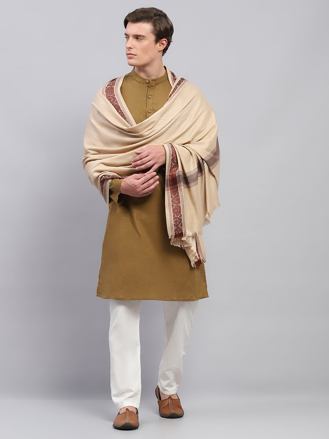 Men Beige Solid Lohi Shawl
