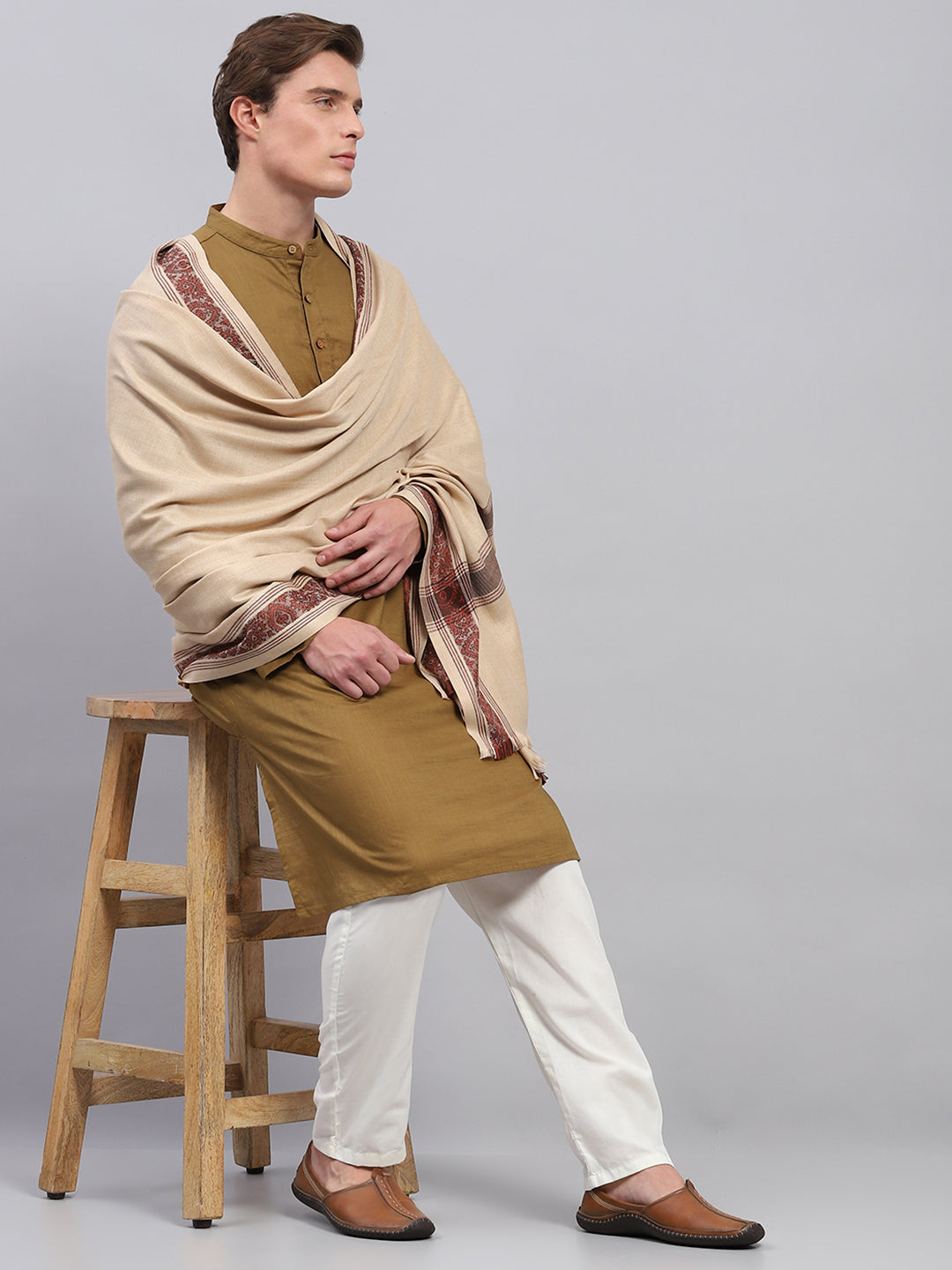 Men Beige Solid Lohi Shawl