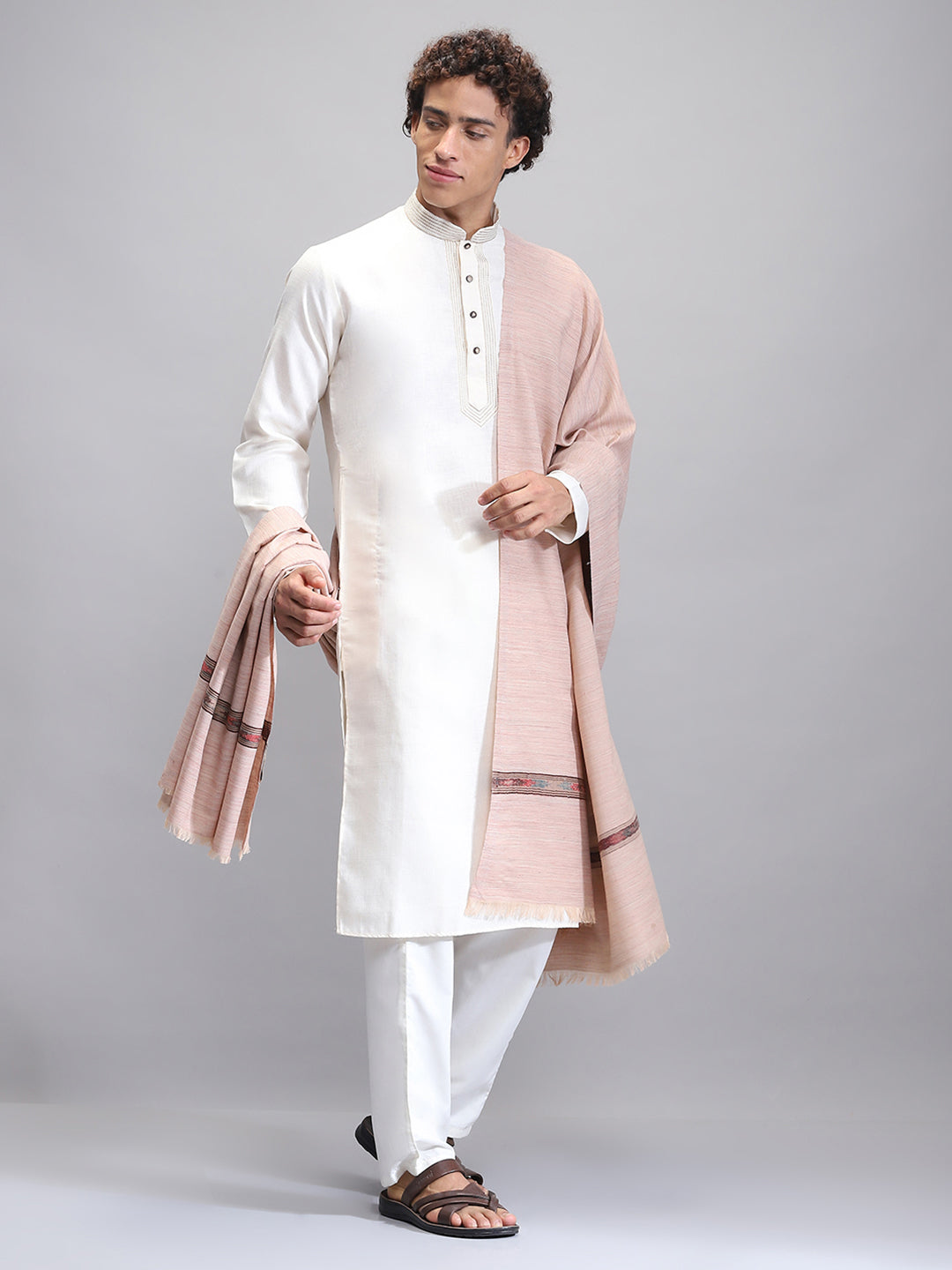 Men Beige Self Design Lohi Shawl