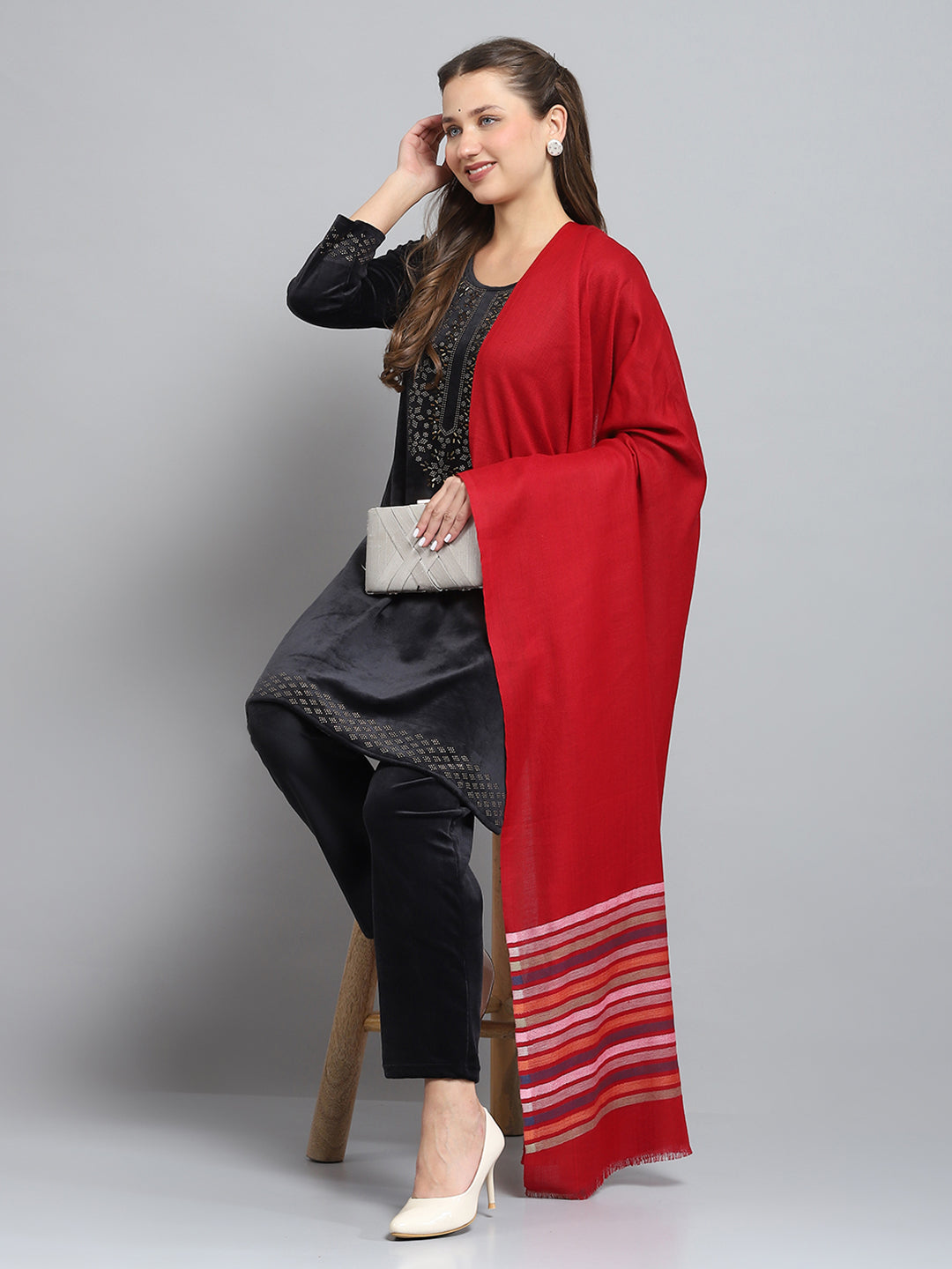 Women Maroon Self Design Shawl