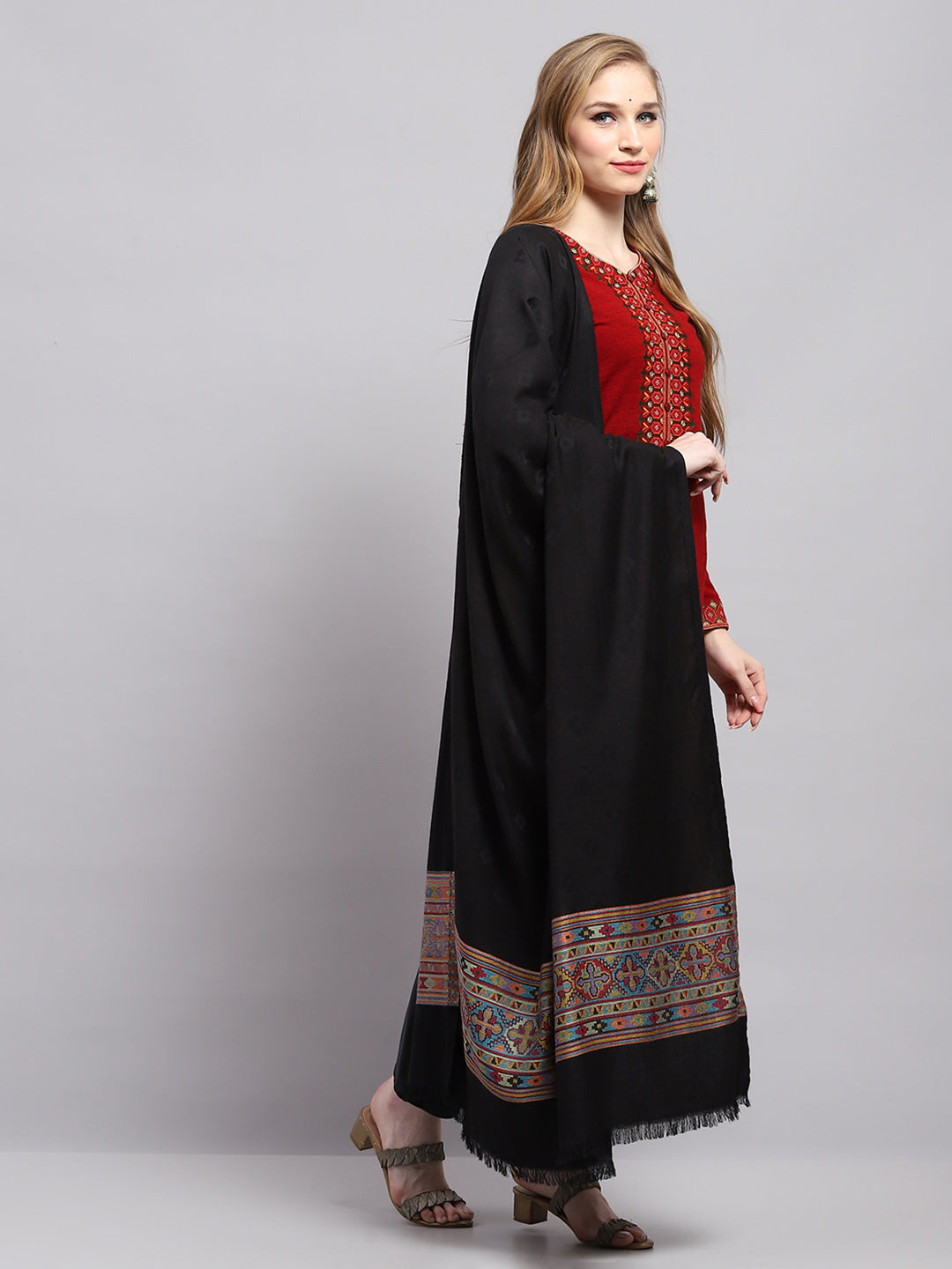 Women Black Self Design Shawl