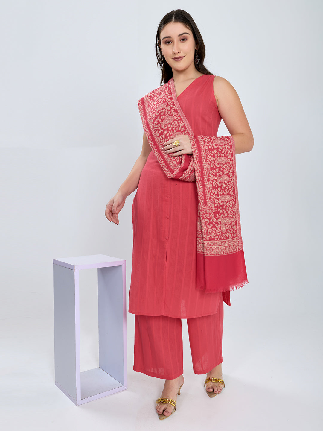 Women Pink Paisley Print Polyester Shawl
