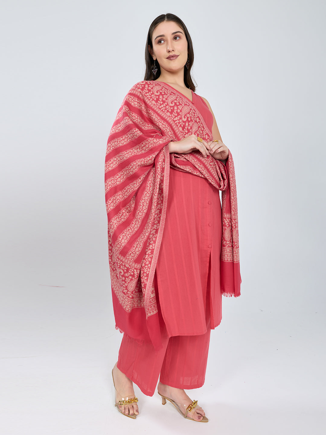 Women Pink Paisley Print Polyester Shawl
