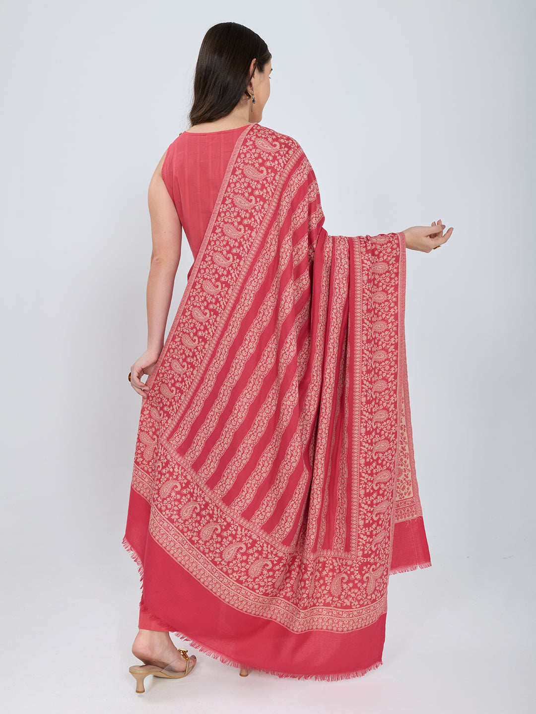 Women Pink Paisley Print Polyester Shawl
