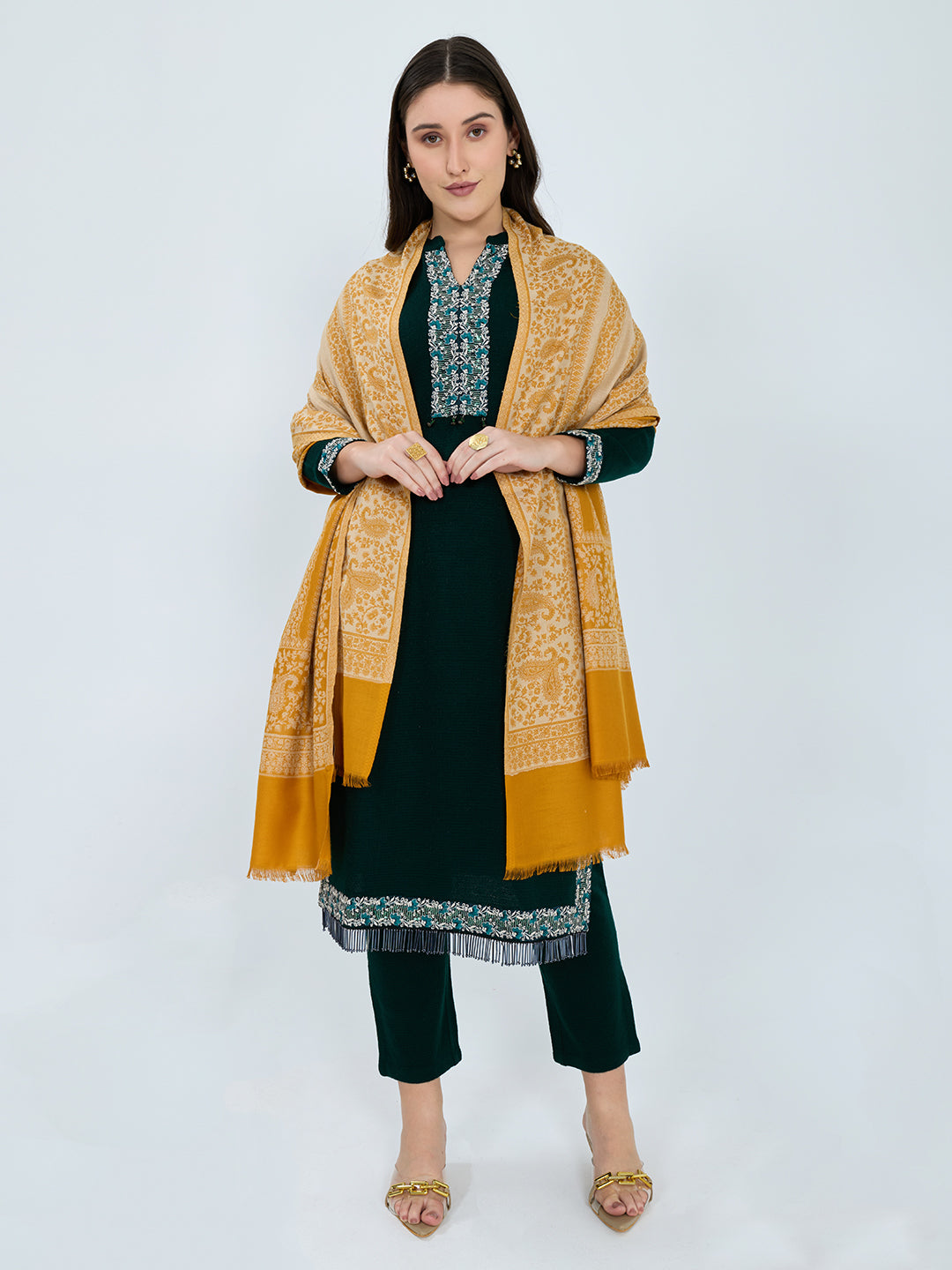 Women Mustard Paisley Print Polyester Shawl