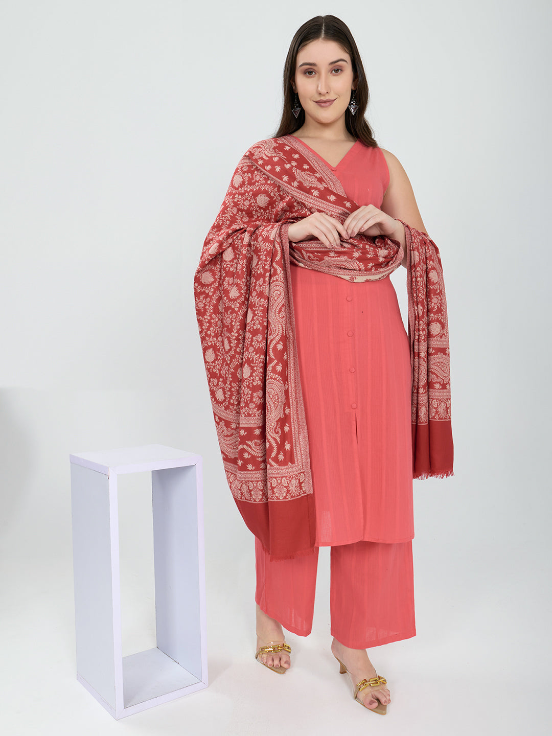 Women Maroon Paisley Print Polyester Shawl