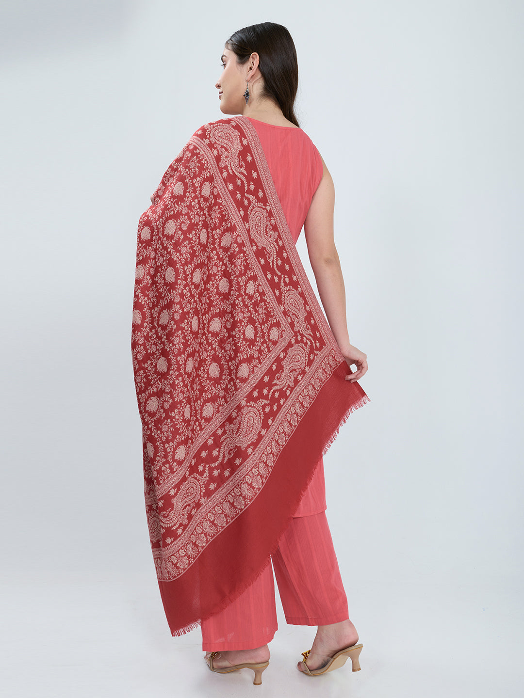 Women Maroon Paisley Print Polyester Shawl