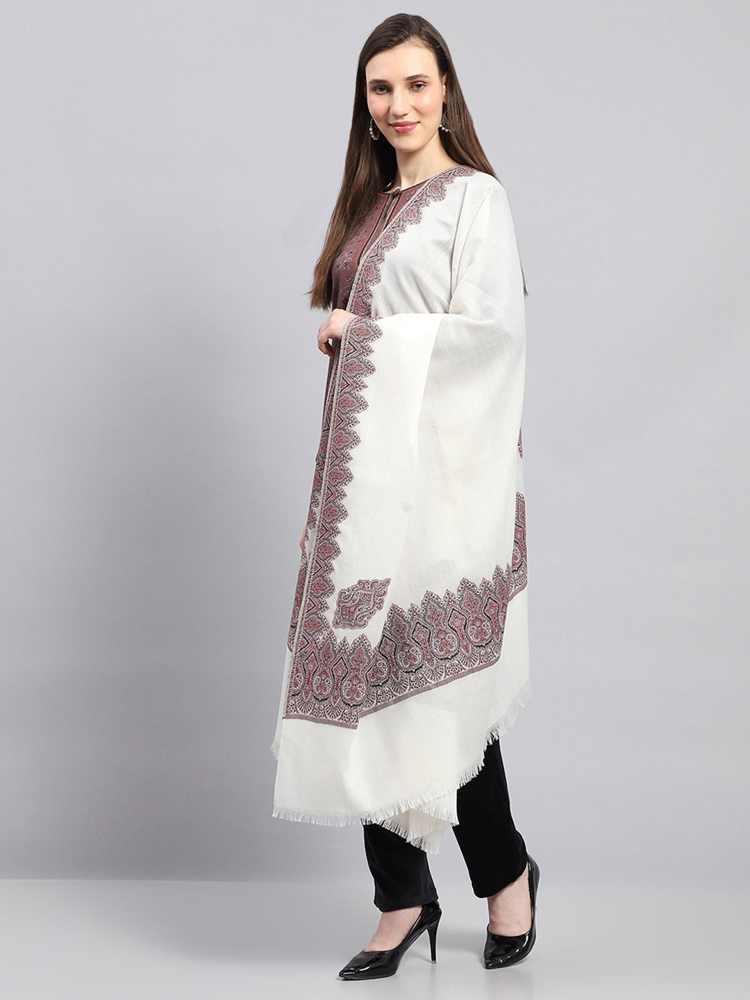 Women Off White Self Design Shawl