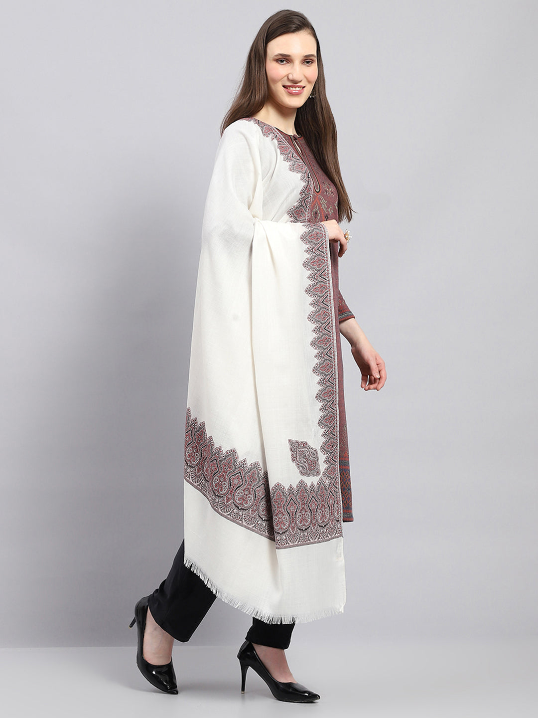 Women Off White Self Design Shawl