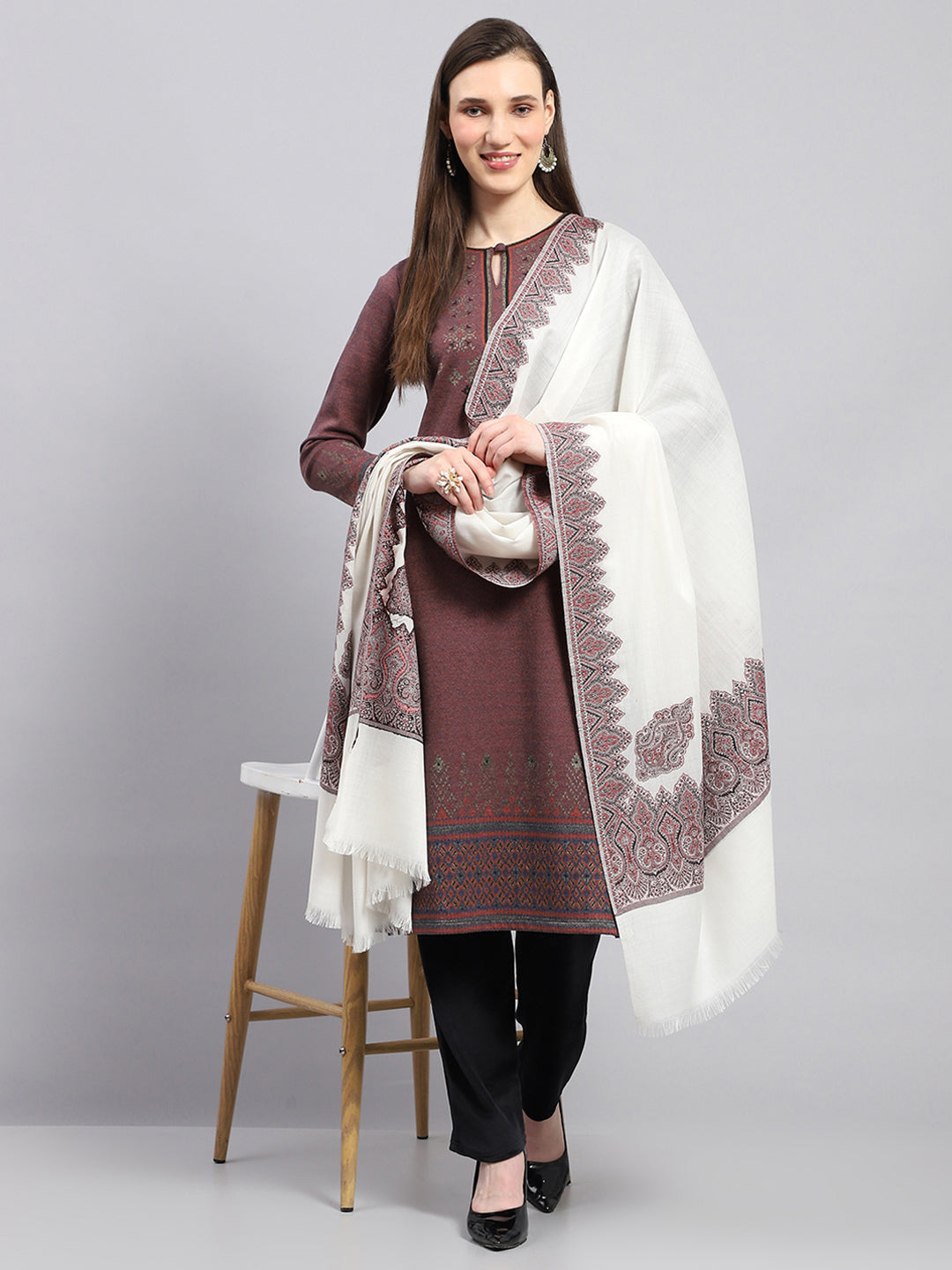 Women Off White Self Design Shawl