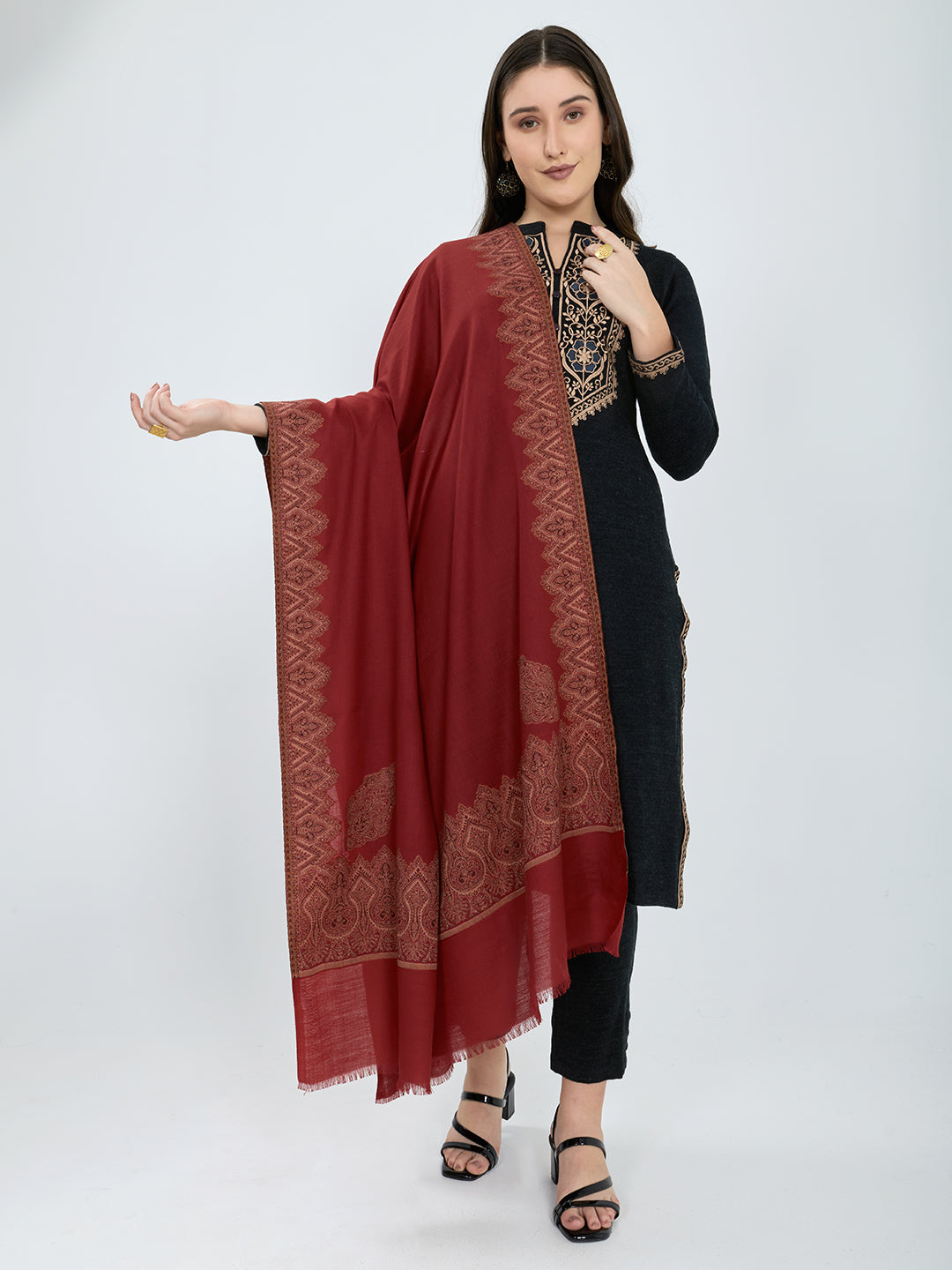 Women Maroon Embroidered Polywool Shawl