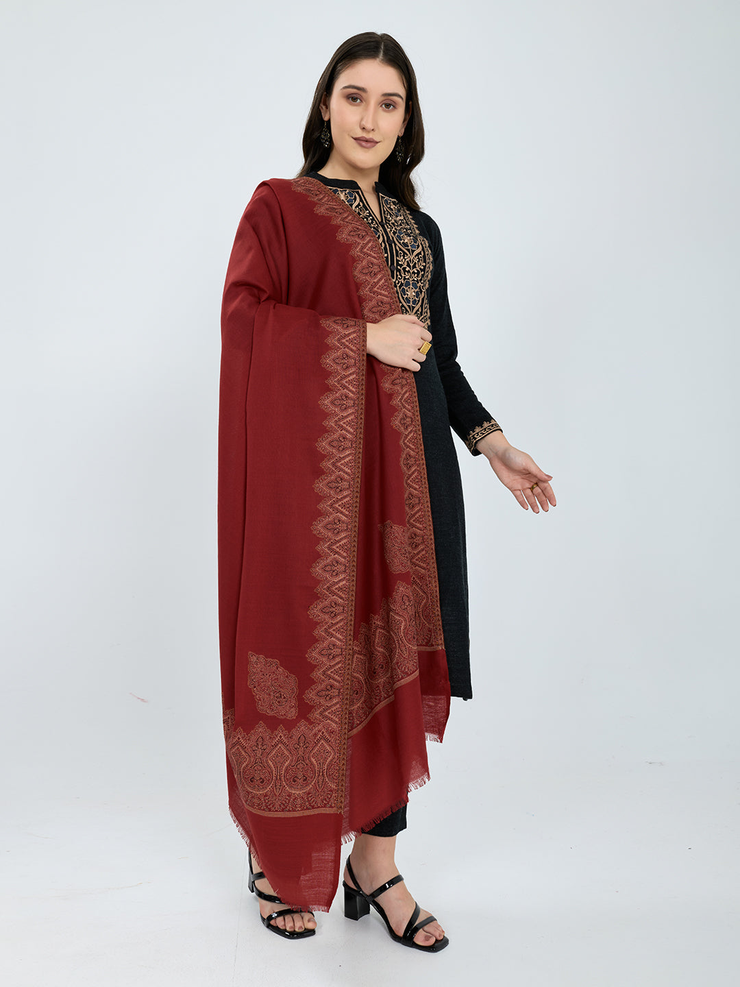 Women Maroon Embroidered Polywool Shawl