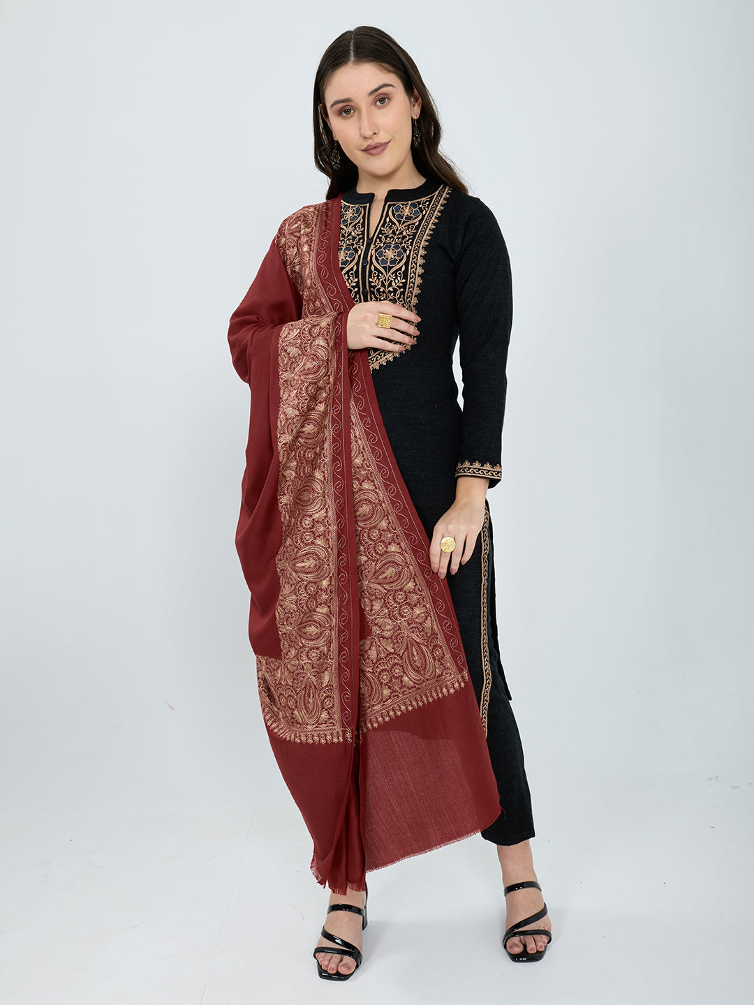 Women Maroon Embroidered Polywool Shawl